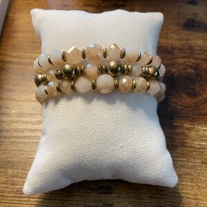 Beaded Stretch Bracelet Set with Champagne Beads and Antique Gold Accents